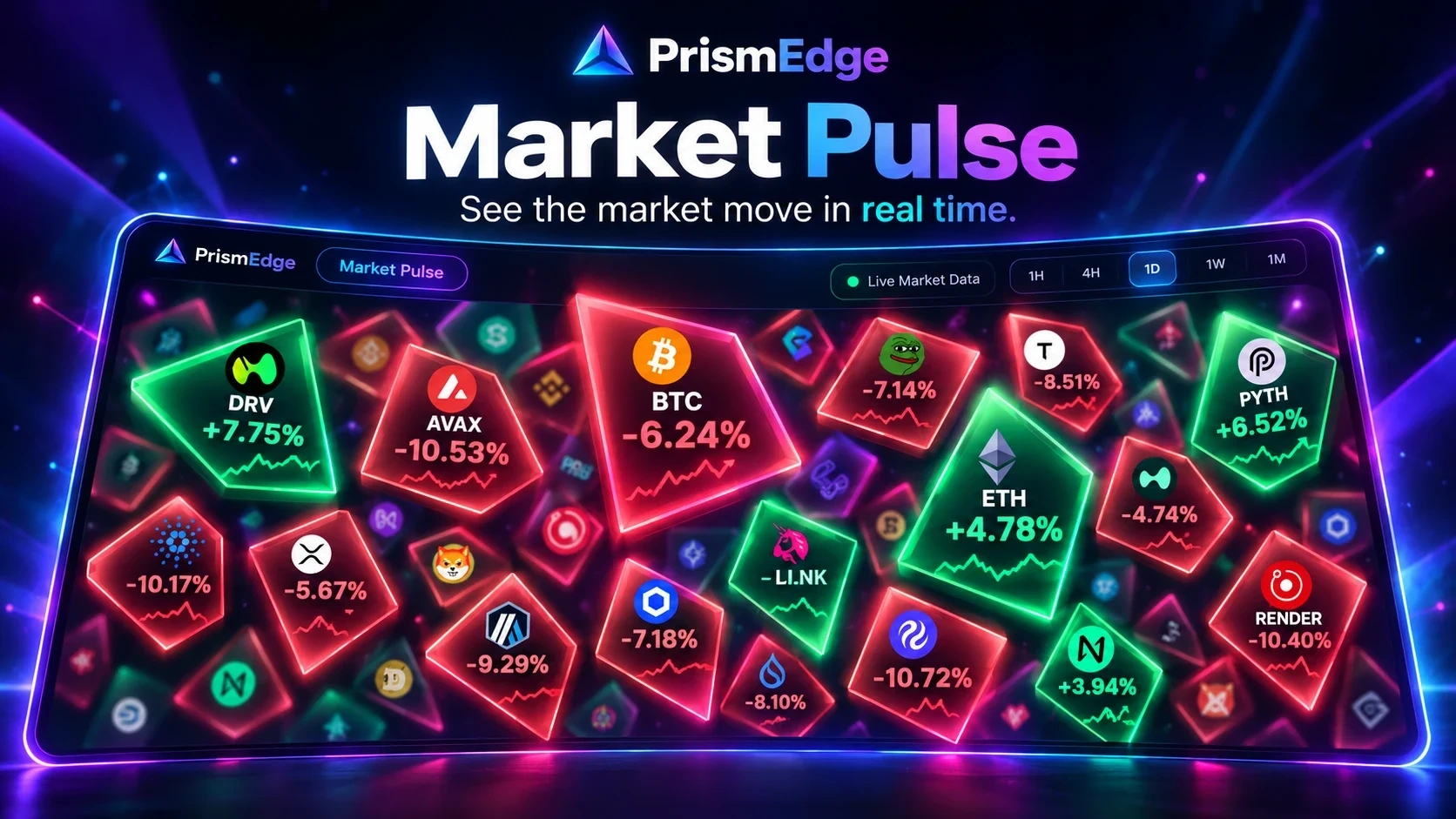 Illustration of the PrismEdge Market Pulse: coins as prisms sized by their move, rising ones outlined green and falling ones red