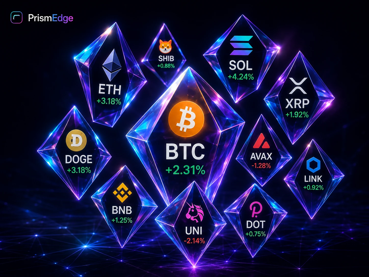PrismEdge Market Pulse: crypto assets as prism crystals, sized and ranked by momentum